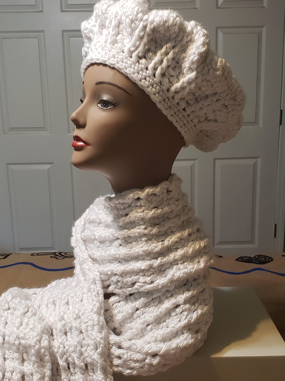Hand Crafted Cream Knit Beret with Matching Fringe Scarf - Picture 2 of 8